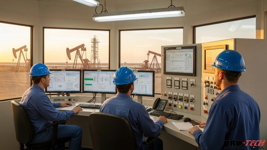 Oil and gas automation companies engineers at production facility with SCADA