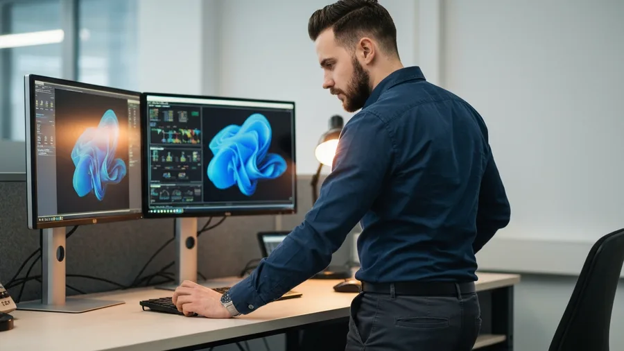 Engineer reviewing the best PLC monitoring software dashboard with CPU health, scan time trends, and alarm summary