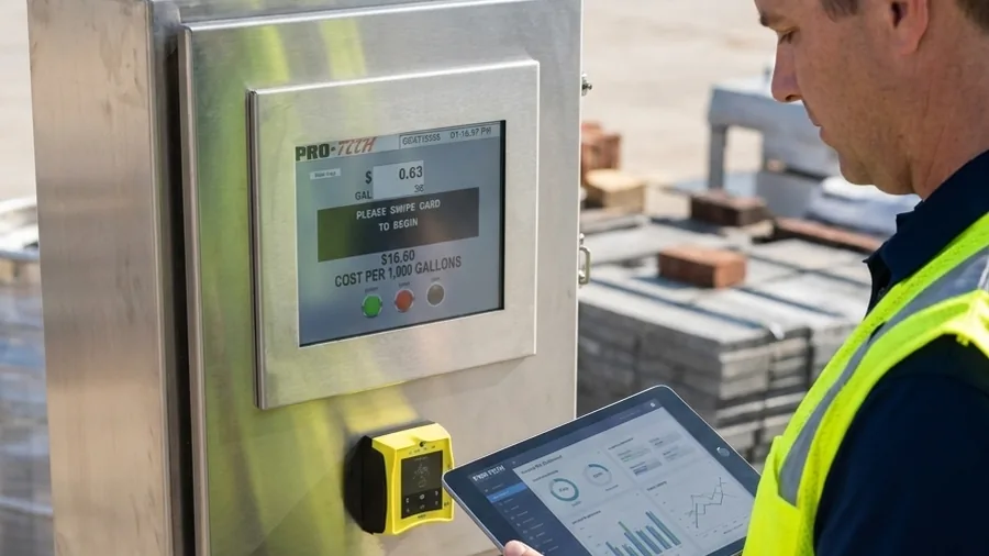 Operator reviewing usage data at a municipal bulk water fill station panel
