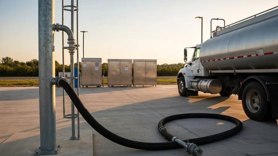 Tanker truck filling from a standpipe at a municipal bulk water fill station site