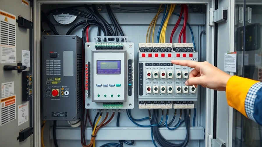 critical spares, Open control panel showing PLC, power supplies, relays and wiring