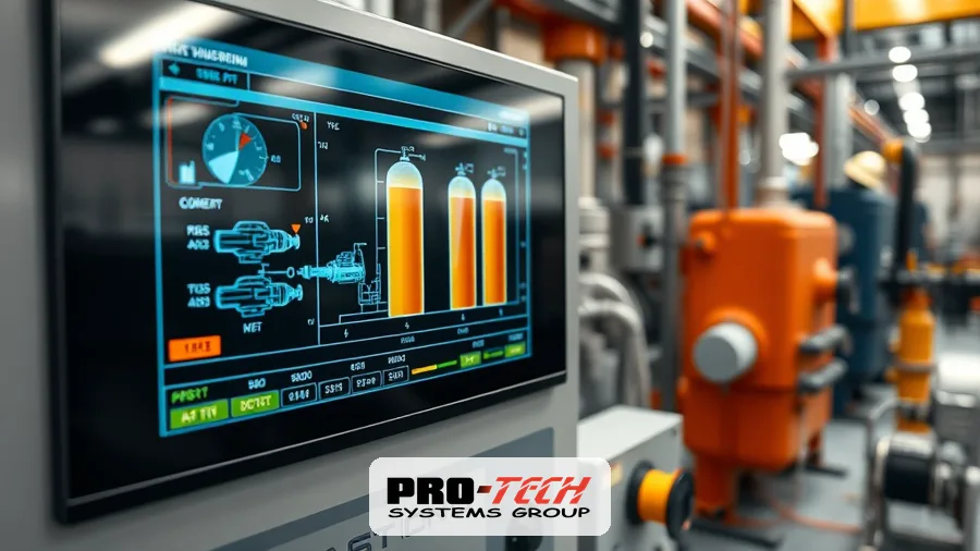Modern SCADA HMI touchscreen showing pump and tank process graphics