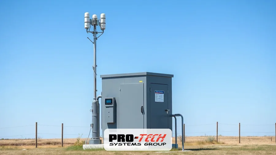 Remote lift station monitoring site with a telemetry antenna and control cabinet