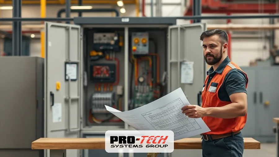 Engineers reviewing panel drawings while evaluating a control system integrator