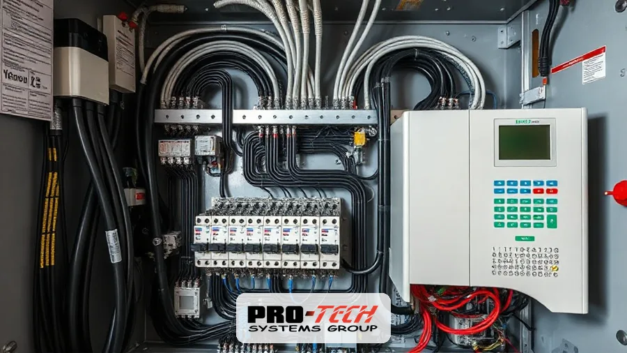 Industrial control panel wiring and labelled terminals built by a control system integrator