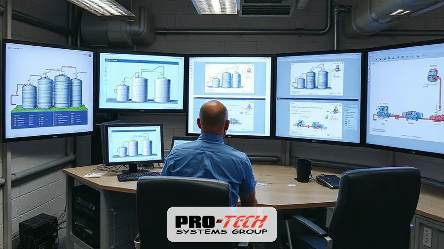 Operator monitoring SCADA screens in a water treatment plant control room