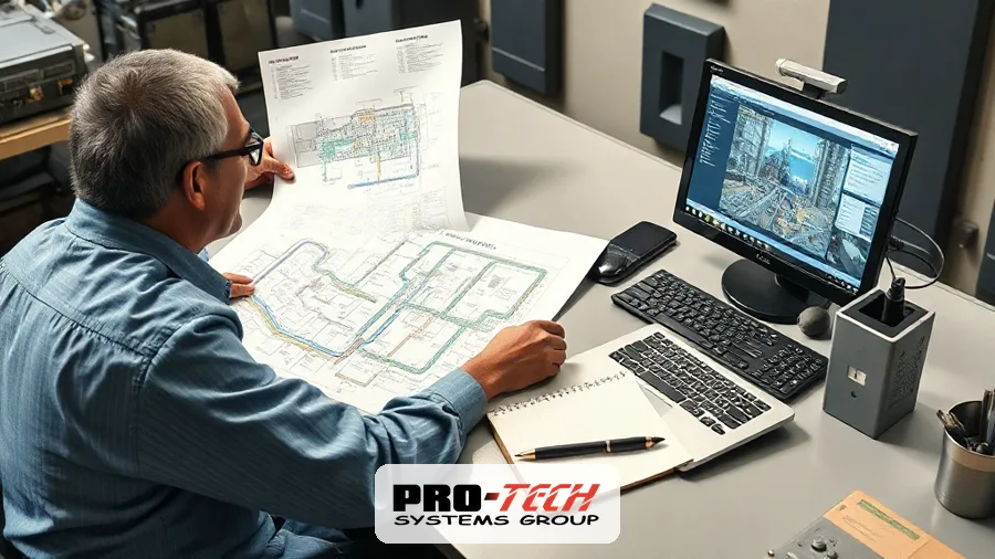 Engineer scoping a SCADA system cost estimate from plant drawings