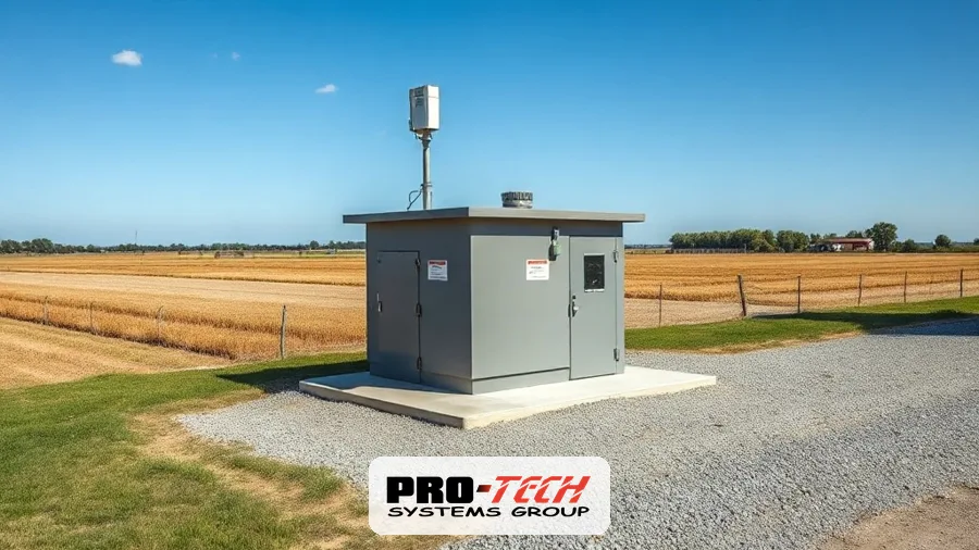 Remote pump station with telemetry enclosure and antenna affecting SCADA system cost