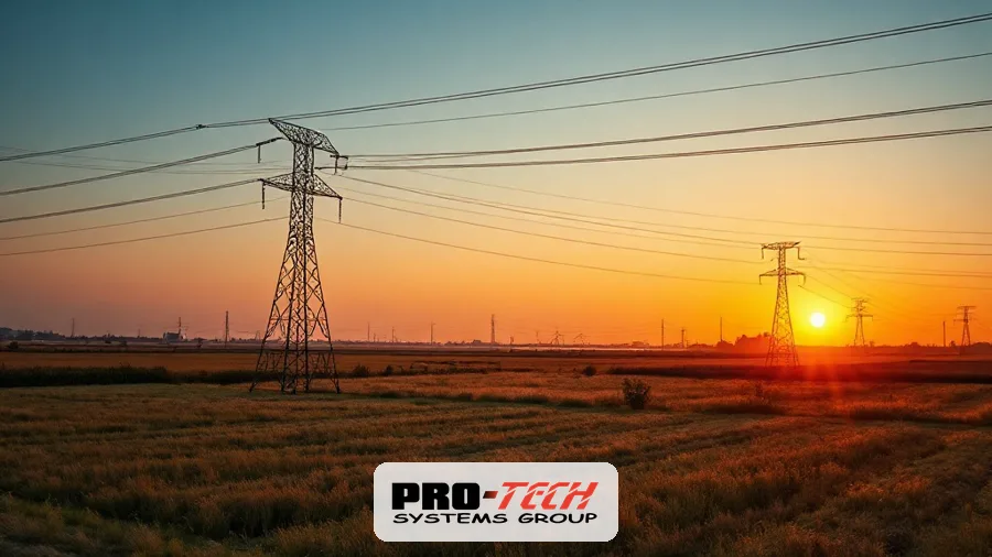 Transmission lines across Ohio farmland in a region facing rising data center water usage and power demand