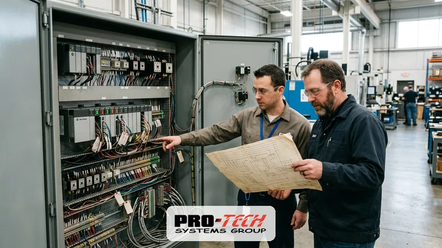 Engineers reviewing control schematics during planned PLC upgrades
