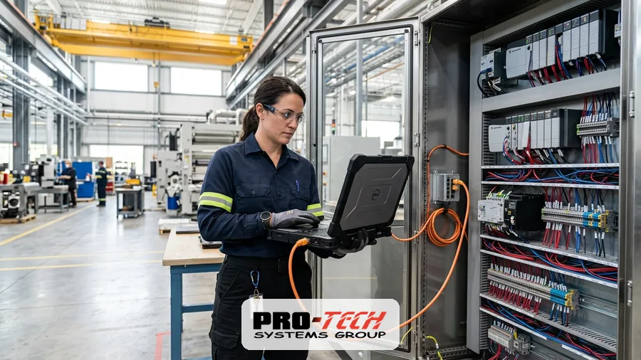 Controls engineer testing logic on a laptop during industrial PLC upgrades commissioning
