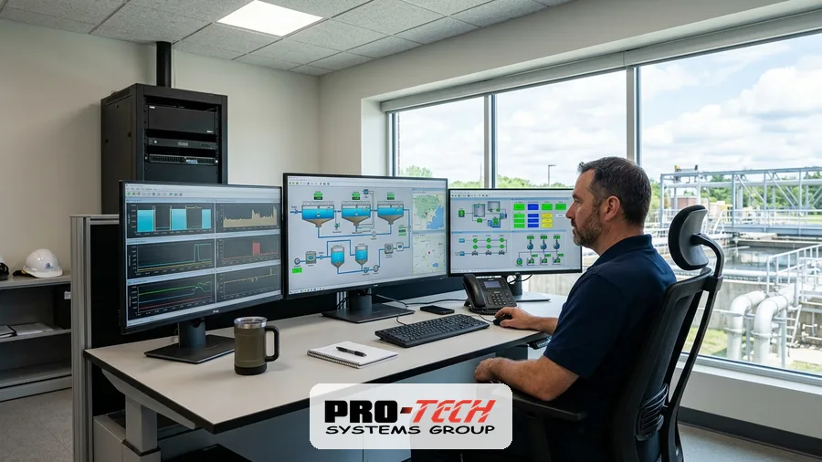 SCADA water treatment plant operator monitoring municipal clarifiers