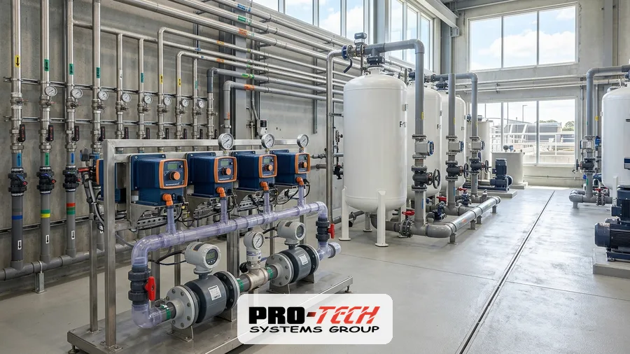 Filtration chemical feed pump gallery integrated with a SCADA water treatment plant