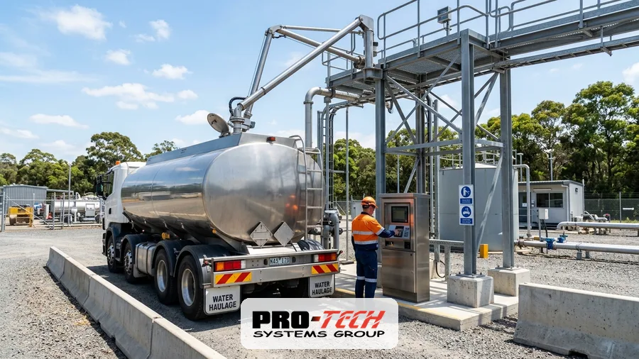 Commercial water hauler truck loading at an automated bulk water dispensing station