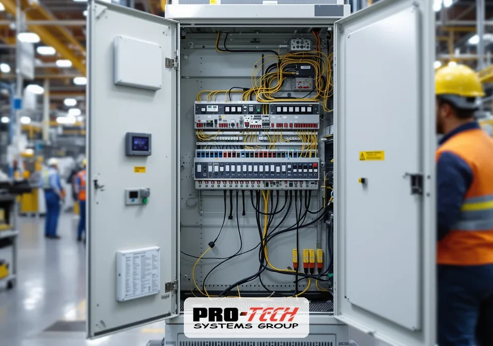 Workers inspecting a cabinet for a control system scope of work