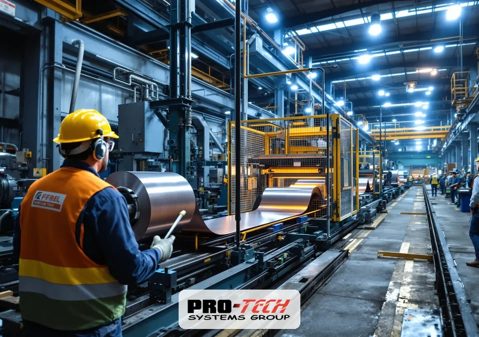 Coil-fed production line with uncoiler and guarded feed equipment for steel manufacturing automation